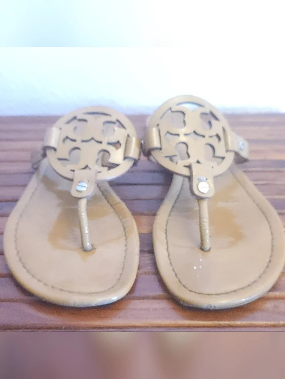Tory Burch Olive-Tan Logo Thong Sandals